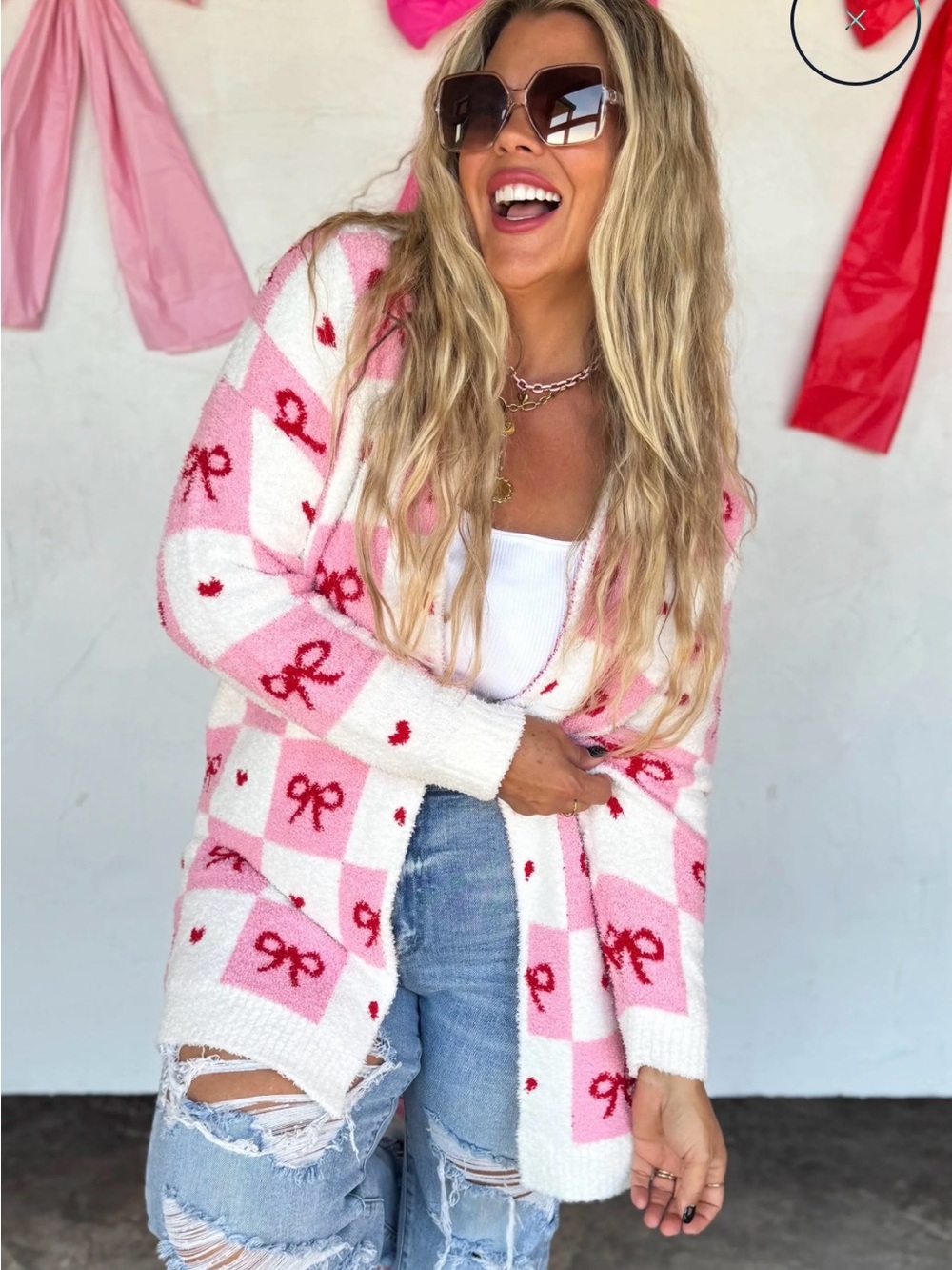 Blakey’s Pink & White Checkered Bow Knit Cardigan Sweater